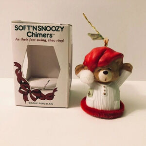 Vtg Soft N Snoozy Chimers Bear Bisque Porcelain Bell Ornament  Taiwan